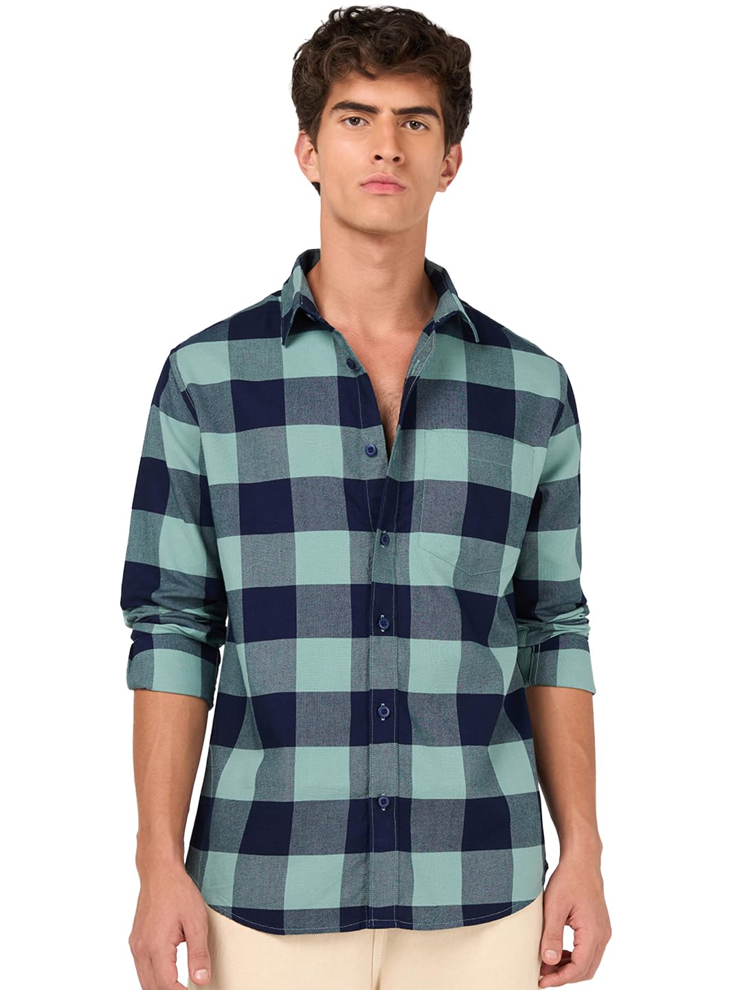 Bewakoof Mens Checked Regular Fit Full Sleeve Collar Pure Cotton Shirt_685549_Green_S