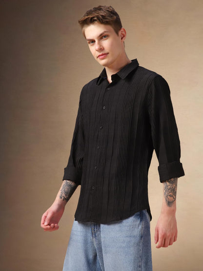 Dennis Lingo Men Black Textured Polyester Regular Fit Full Sleeve Shirts