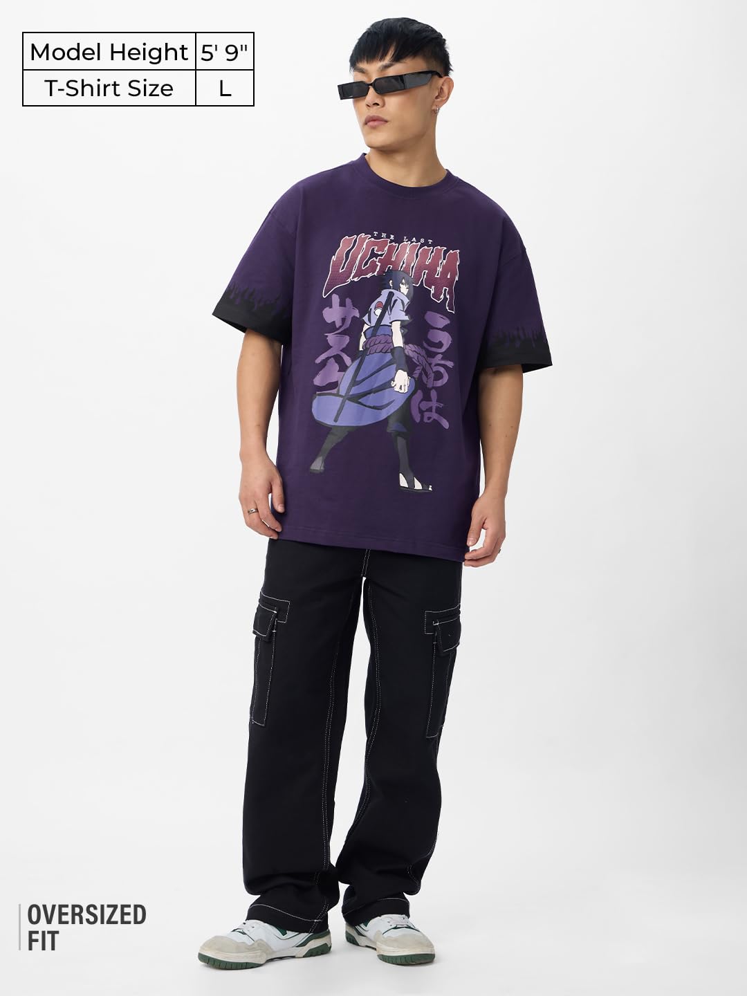The Souled Store Naruto Shippuden: Uchiha Legacy Men and Boys Short Sleeves Round Neck Purple Graphic Printed Cotton Oversized T