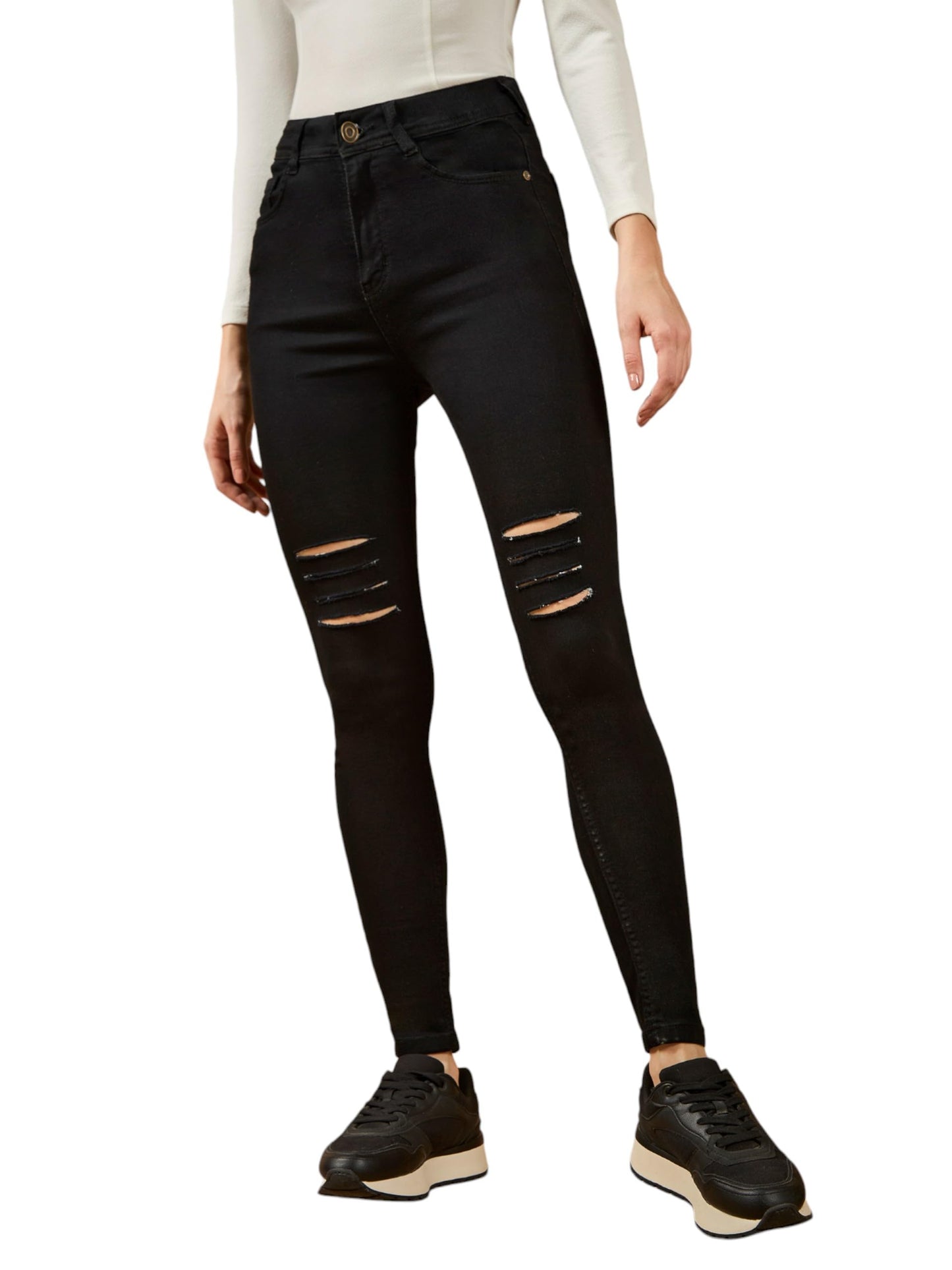 Dolce Crudo Womens Slim Fit High Rise Ripped Stretchable Jeans(DOAW24DEN93-01-62-32, Black, 32)