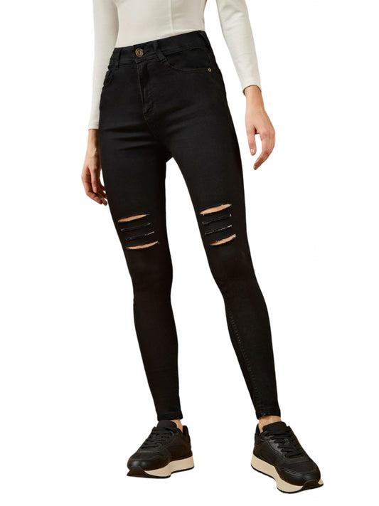 Dolce Crudo Womens Slim Fit High Rise Ripped Stretchable Jeans(DOAW24DEN93-01-62-32, Black, 32)