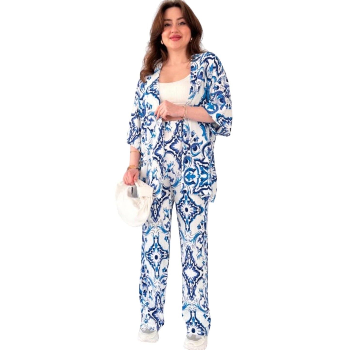 Gufrina WomenS Co-Ords Set - Blue And White Baroque Print Shirt Collar Button-Down Top And Wide-Leg Pants, Rayon Fabric (Sky Bl