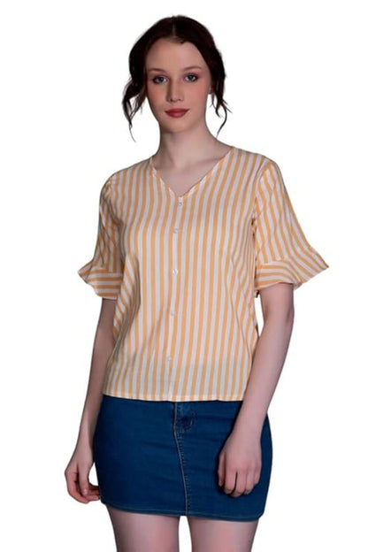 Leriya Fashion WomenS Western Striped V-Neck Tops | Ruffle Sleeves | Comfortable Cotton Printed Button Down Tops For Casual | O