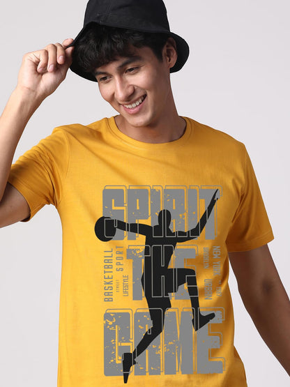 ADRO Sports Design Printed T-Shirt for Men - 100% Cotton, Regular Fit, Soft Breathable Fabric. (RN23-M-SPR-MU_Mustard)