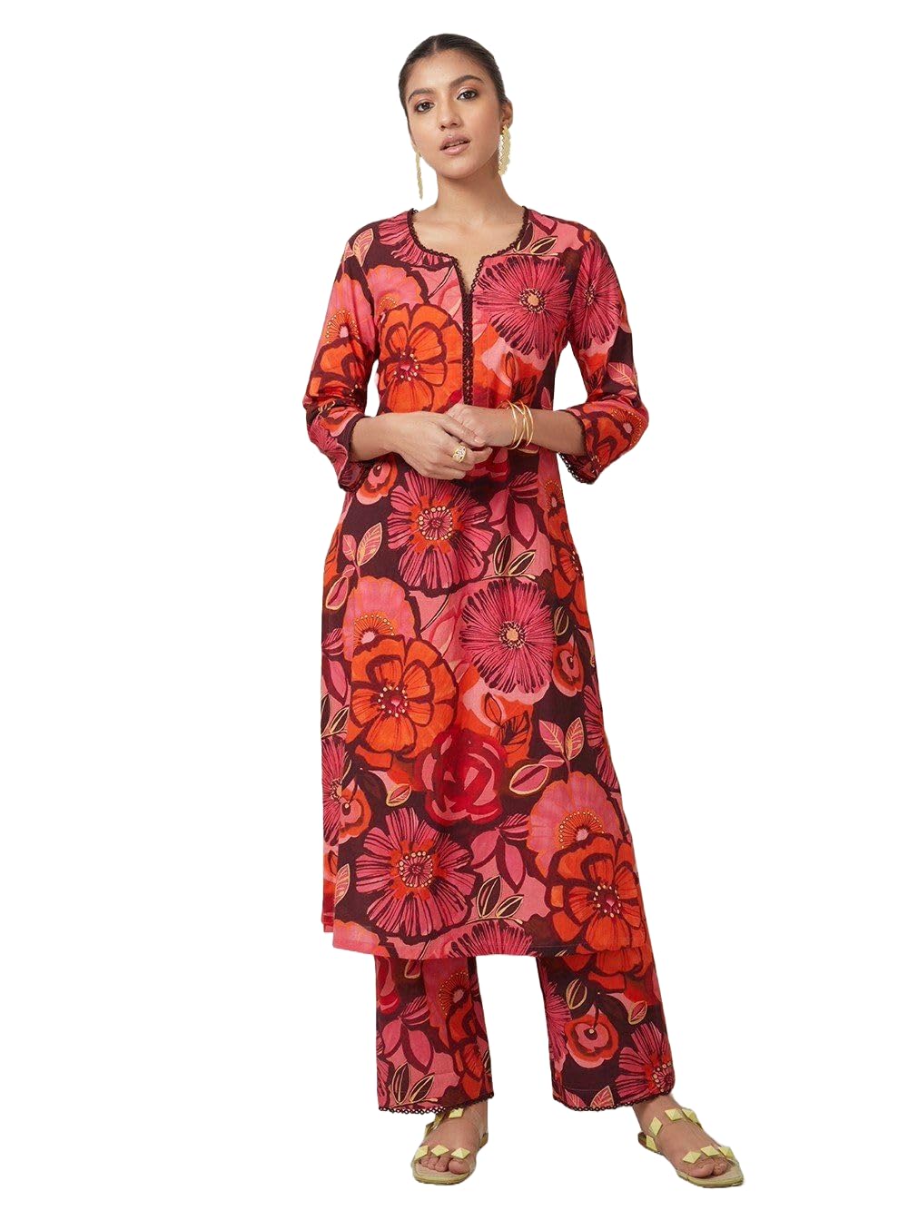 Yashika Womens Regular 3/4 Sleeve Floral Printed Kurti Pant Set, Cotton Blend, Knee Length, Stylish Ethnic Outfit, Office, and 