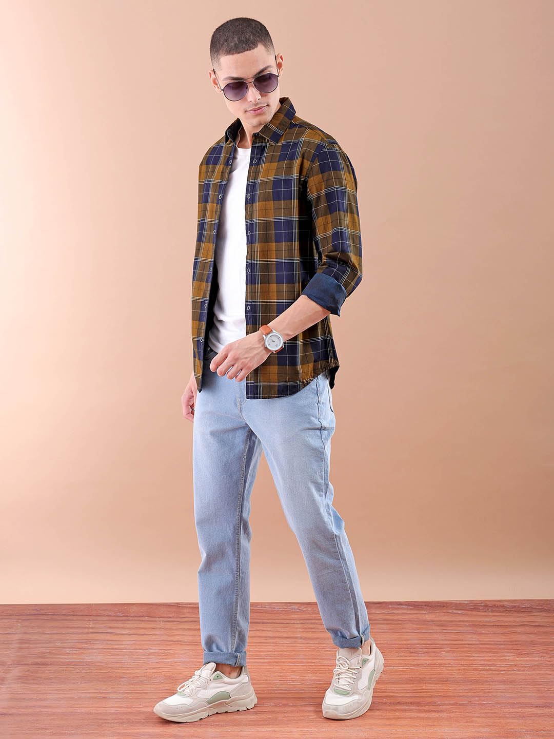 The Indian Garage Co Yellow Regular Fit Spread Collar Checkered Long Sleeves Shirt