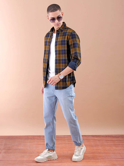 The Indian Garage Co Yellow Regular Fit Spread Collar Checkered Long Sleeves Shirt