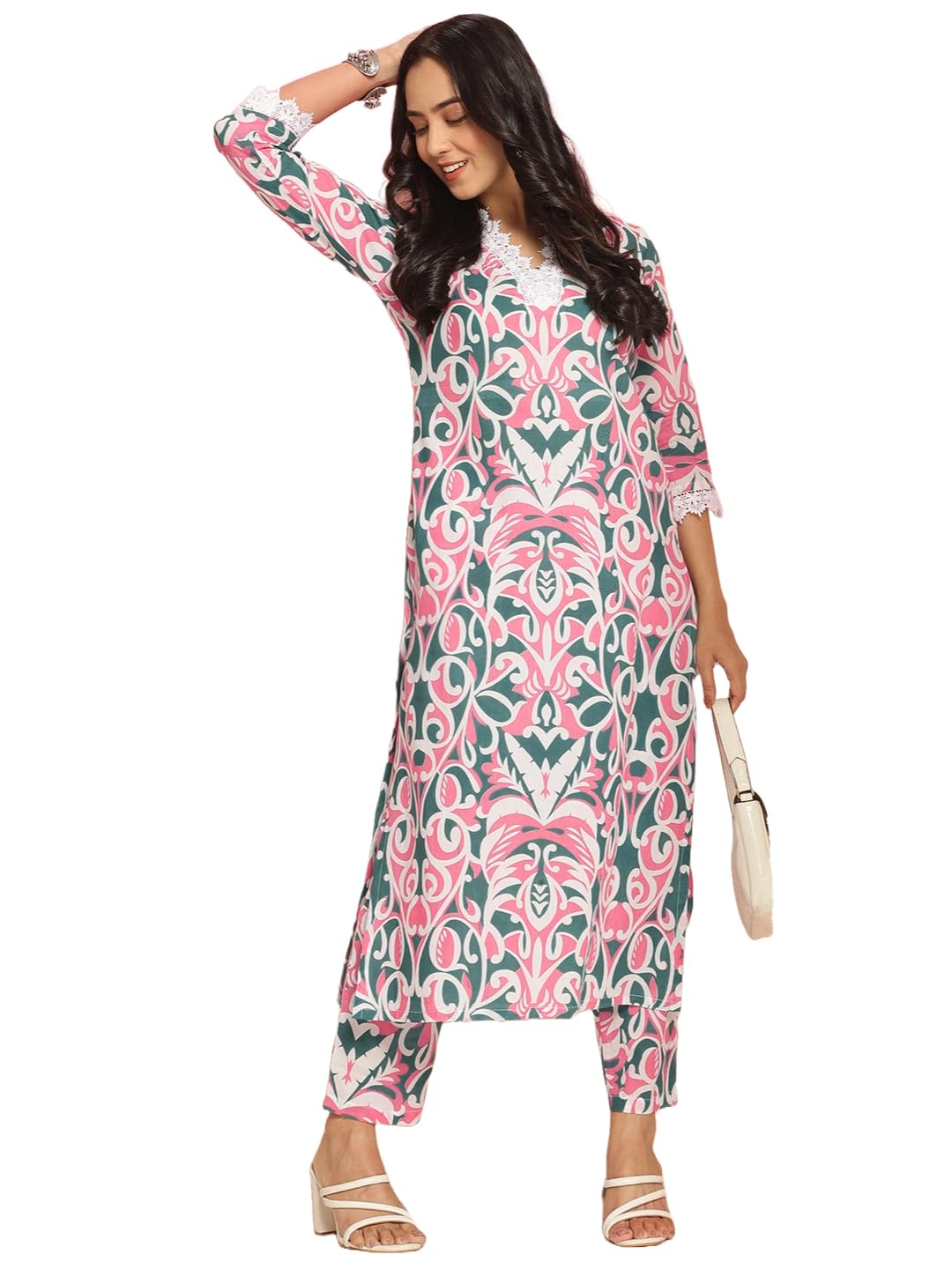 ANNI DESIGNER Women s Straight Printed Viscose Kurta with Trousers, Green, XL