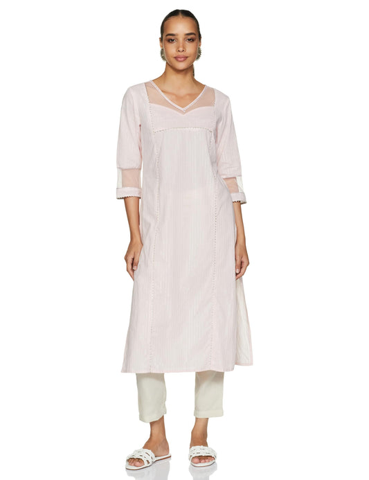 Aurelia WomenS Cotton Solid Regular Pink Sequined Lurex Striped Kurta (23Fea13940-704155