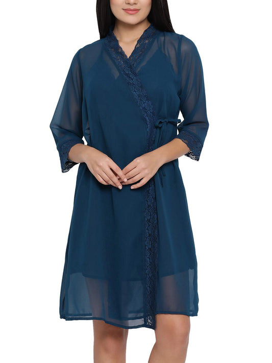 Clovia Womens Solid Short Robe in Blue - Georgette & Lace (NS1292P08_Blue_M)