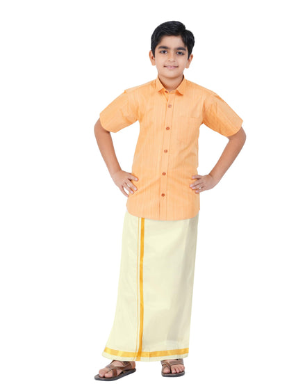 Boys Cotton Half Sleeve Self Design Shirt With Stitched Art Silk Dhoti For Boys (Madriyad-Gold)