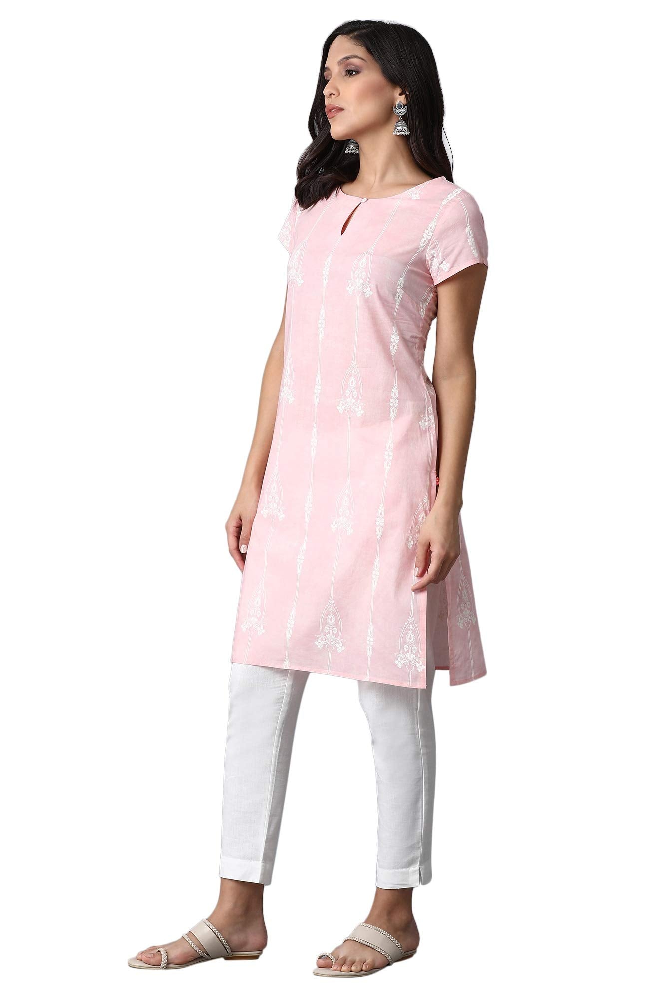 W Light Pink Floral Printed Regular Cotton Kurta For Women