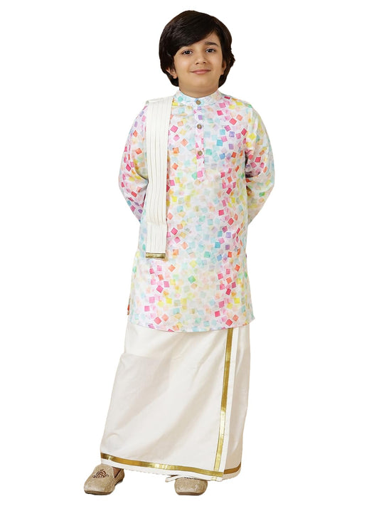 A.T.U.N. (ALL THINGS UBER NICE) Boys Cube Printed Kurta with Elasticated Mundu with Underneath Shorts Set