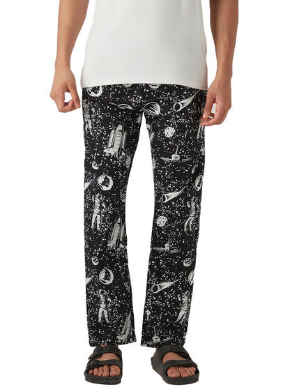 Bewakoof MenS All Over Printed Regular Fit Poplin Cotton Pyjama_642203_Black_M
