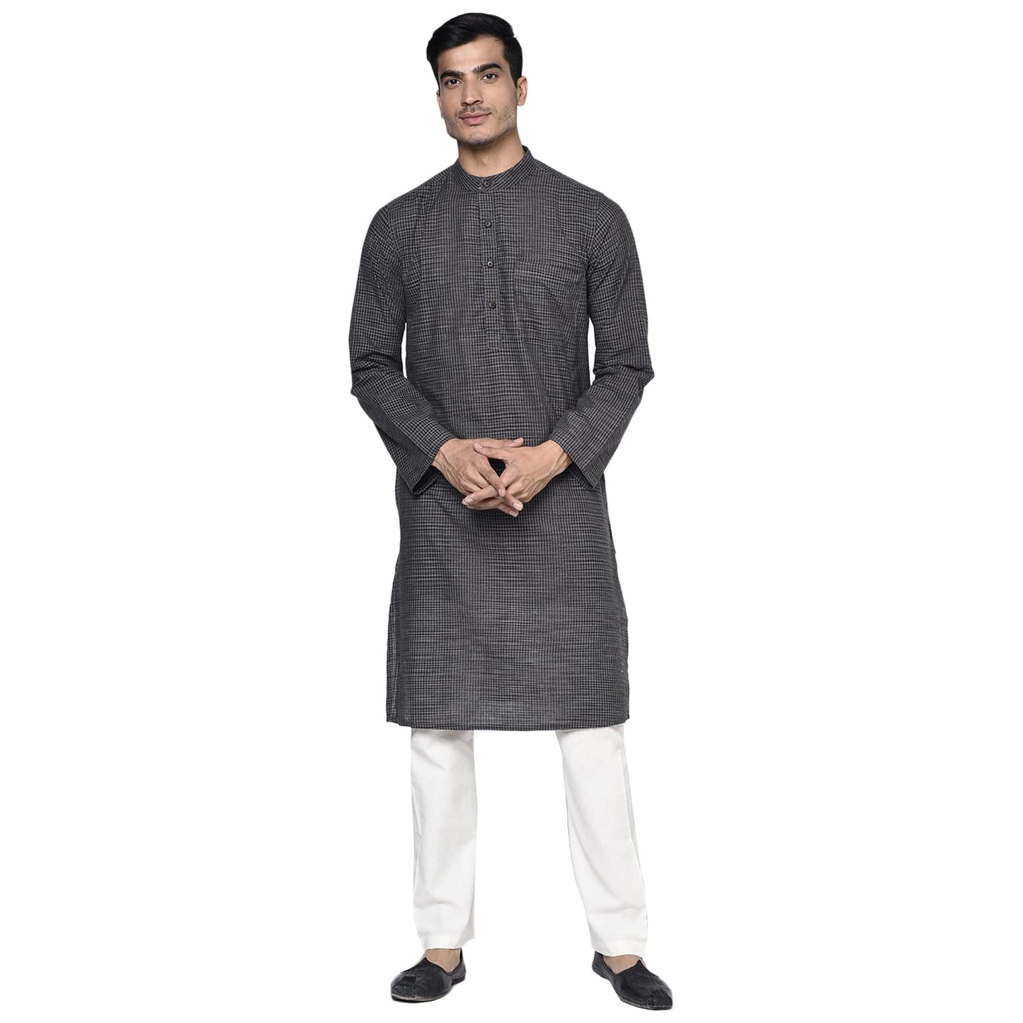 Fabindia Men'S Cotton Geometric Slim Slim Fit Kurta_Black_Xs