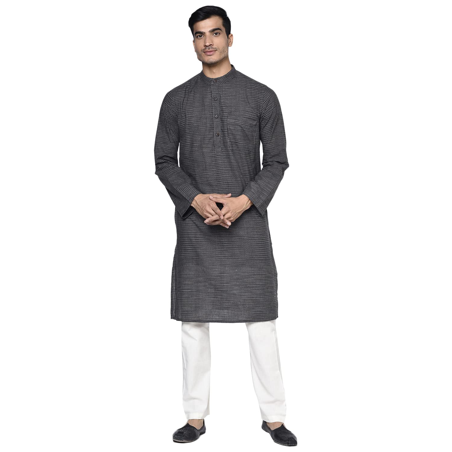Fabindia Men'S Cotton Geometric Slim Slim Fit Kurta_Black_Xs