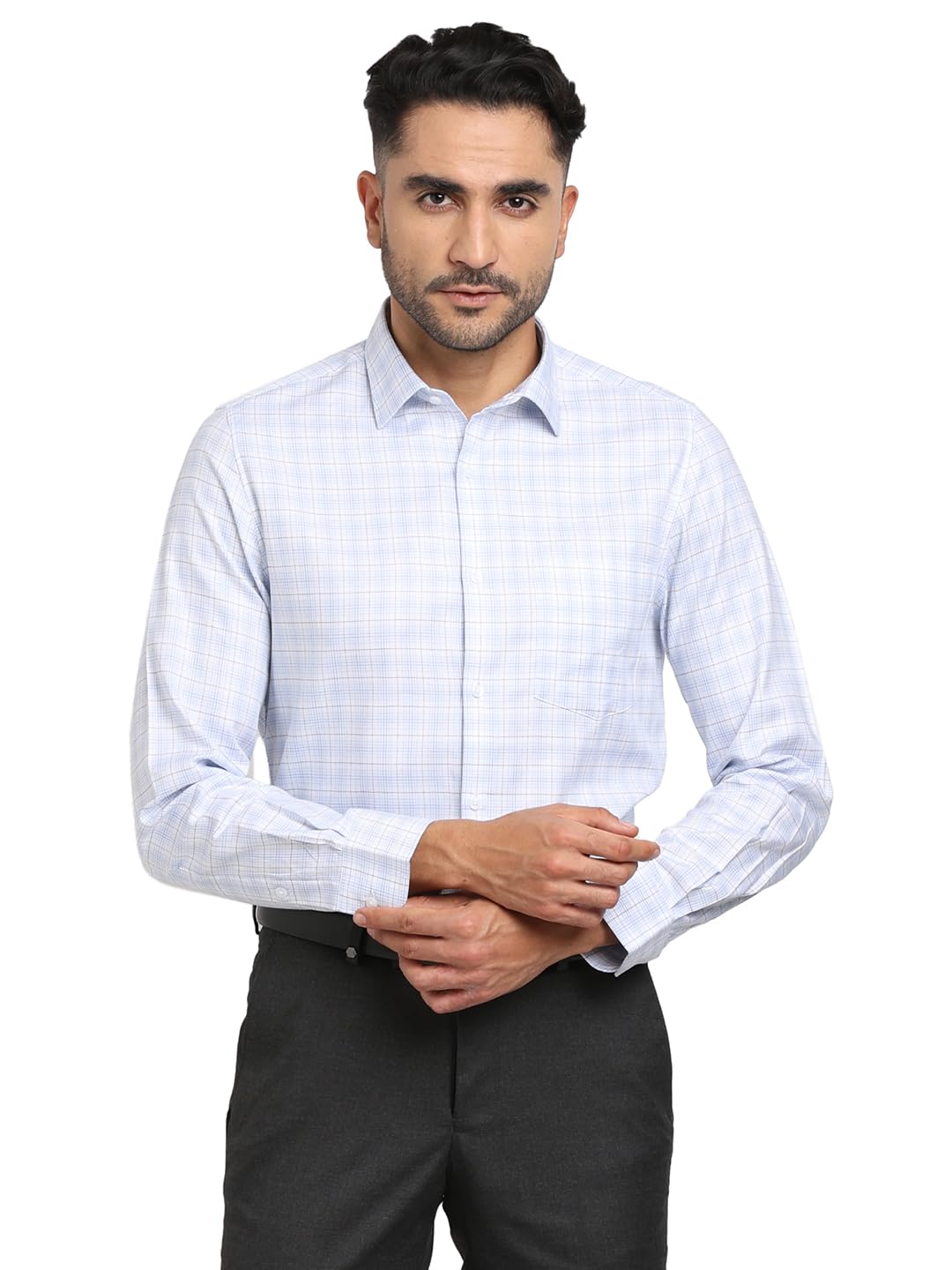 Turtle Men Giza Cotton Sky Blue Checkered Slim Fit Full Sleeve Formal Shirt