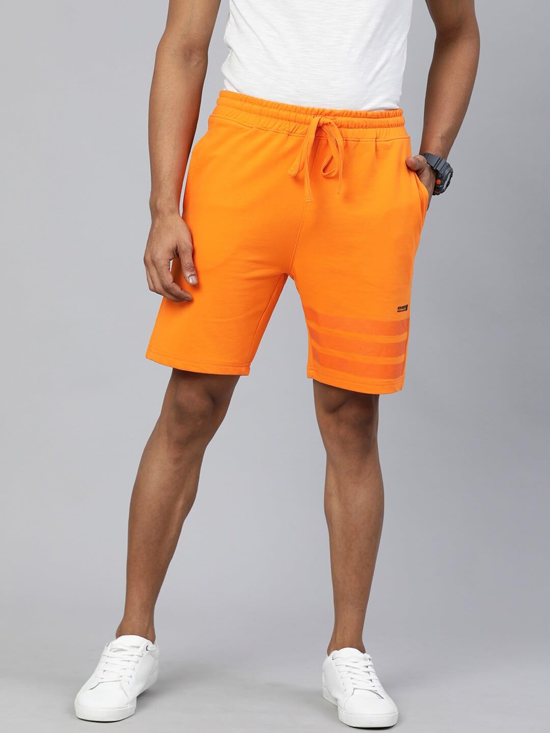The Indian Garage Co Men Slim Fit Placement Print Mid-Rise Knitted Shorts Orange