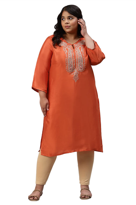 W for Women Orange Shantung Plus Size Kurta with Multicoloured Embroidery
