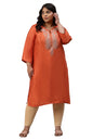 W for Women Orange Shantung Plus Size Kurta with Multicoloured Embroidery