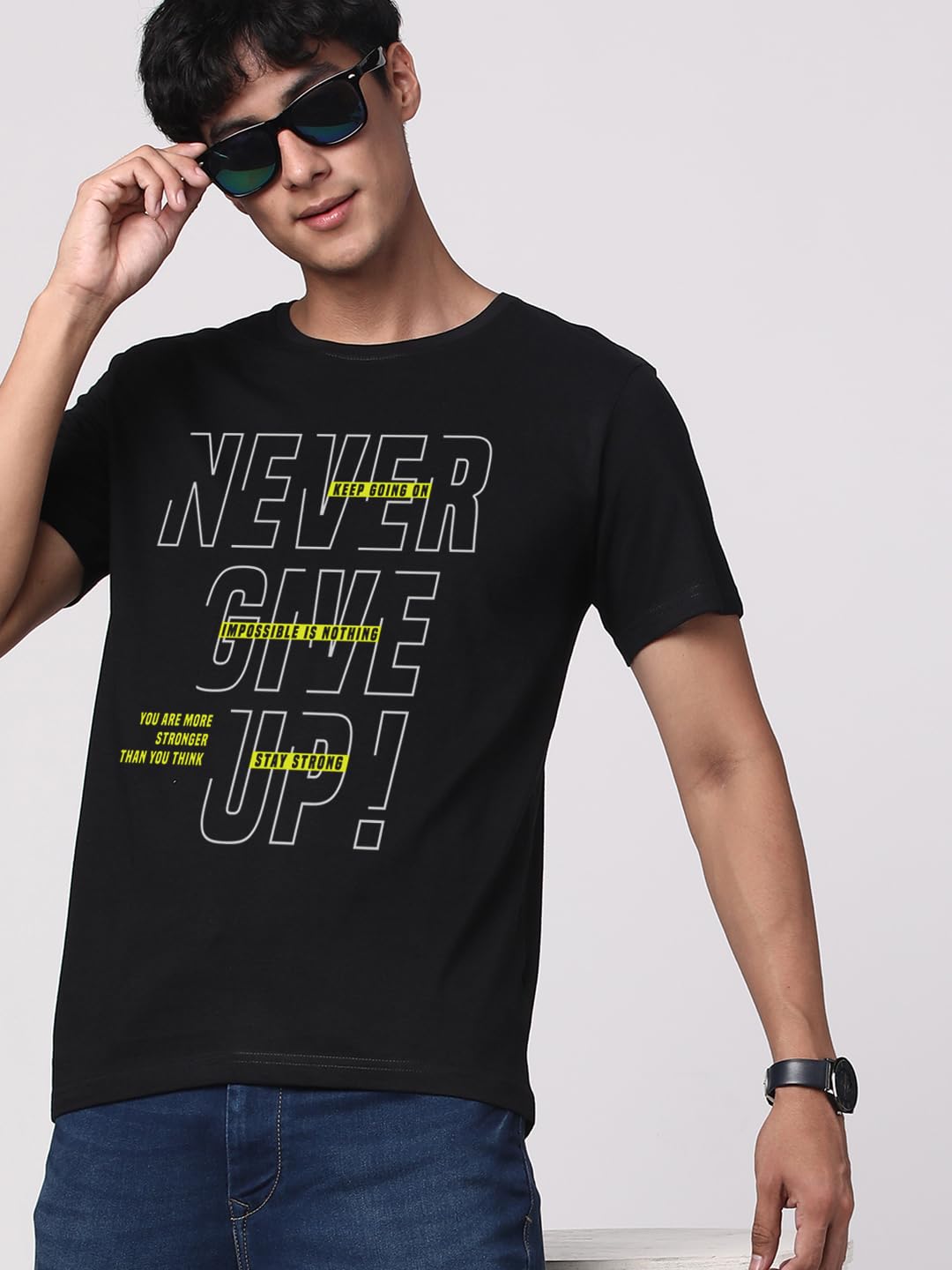 ADRO Never Give Up Printed T-Shirt for Men - 100% Cotton, Regular Fit, Soft Breathable Fabric. (RN23-M-NVR-BL_Black)