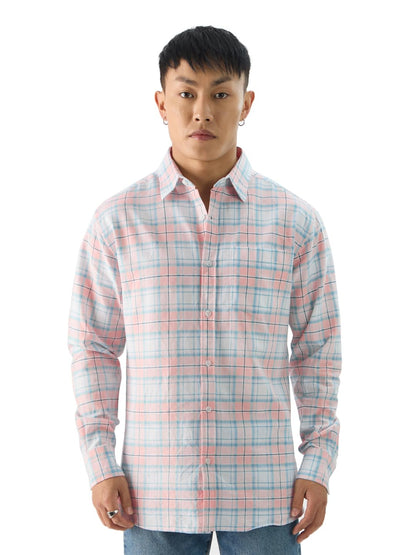 The Souled Store Plaid: Single Patch Men and Boys Long Sleeve Collared Neck Button Front Pink and Blue Cotton Relaxed Fit Shirts