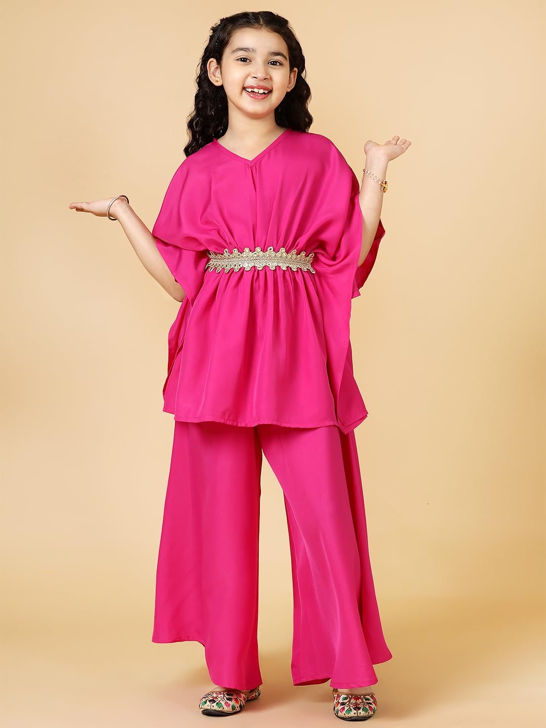 A.T.U.N. (ALL THINGS UBER NICE) Girls Solid Polysilk Fuchsia Kaftan with Flared Pant Set