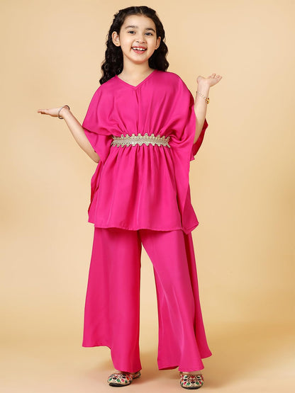 A.T.U.N. (ALL THINGS UBER NICE) Girls Solid Polysilk Fuchsia Kaftan with Flared Pant Set