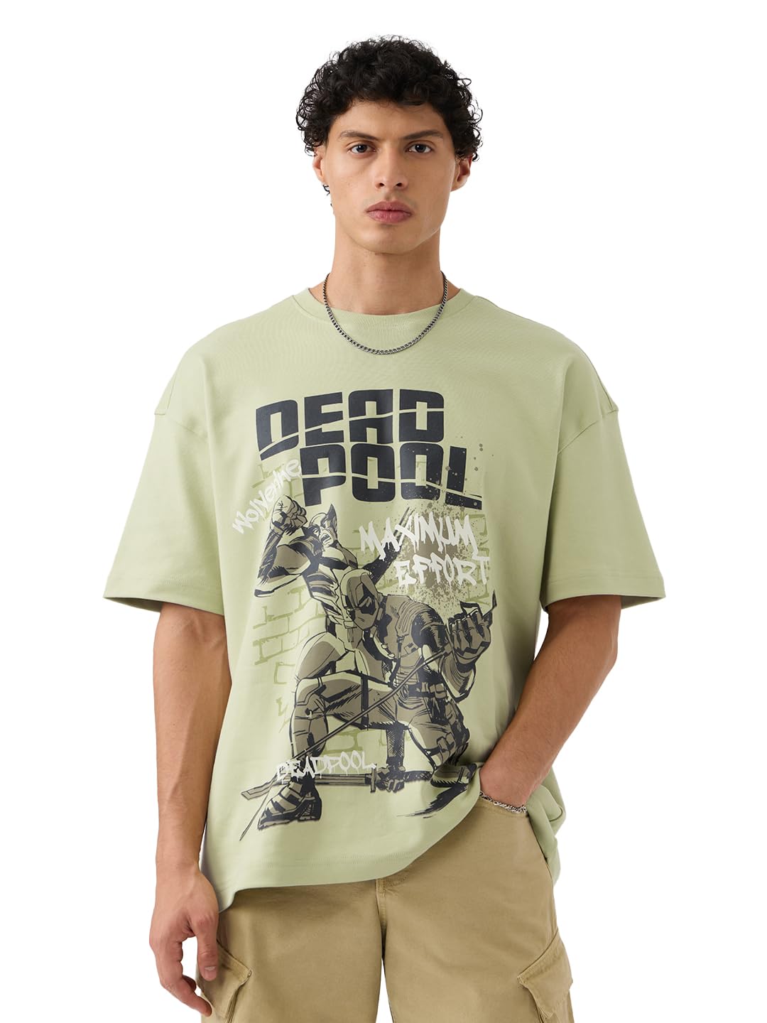The Souled Store Deadpool: Maximum Effort Men and Boys Short Sleeves Round Neck Green Graphic Printed Cotton Oversized T-Shirts