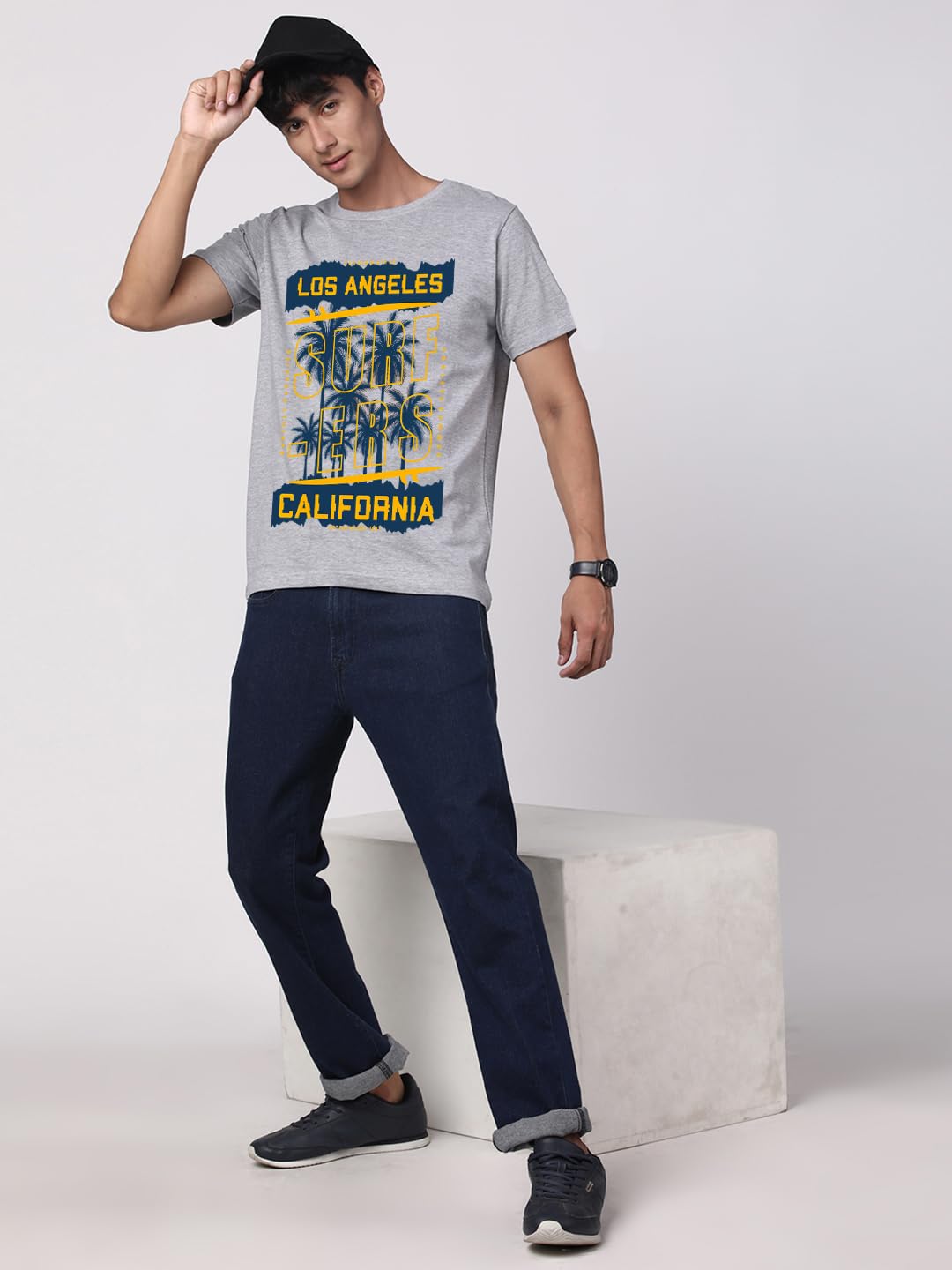 ADRO LA Surfers California Printed T-Shirt for Men - 100% Cotton, Regular Fit, Soft Breathable Fabric. (RN23-M-SRF-GR_Grey)