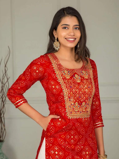 ANNI DESIGNER Women's Rayon Color Embroidery Bhandhani Kurta with Sharara
