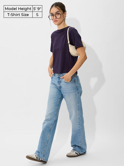 The Souled Store Solids: Berry Cotton Women & Girls Short Sleeve Round Neck Graphic Printed Relaxed Fit T-Shirts