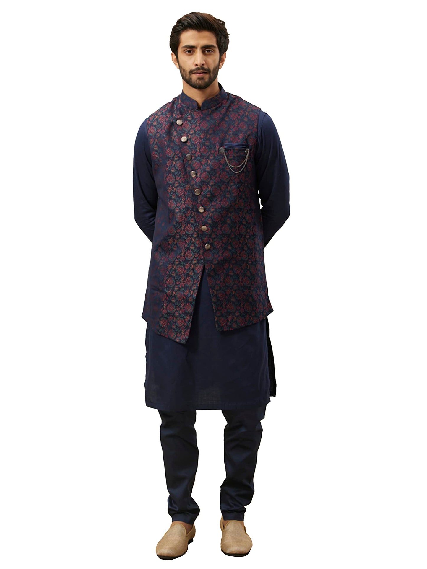 Manyavar Kurta Jacket Set With Payjama For Men, Full Sleeves Mandarin Collar Ethnic Wear Jacket Set For Festival, Wedding, Party