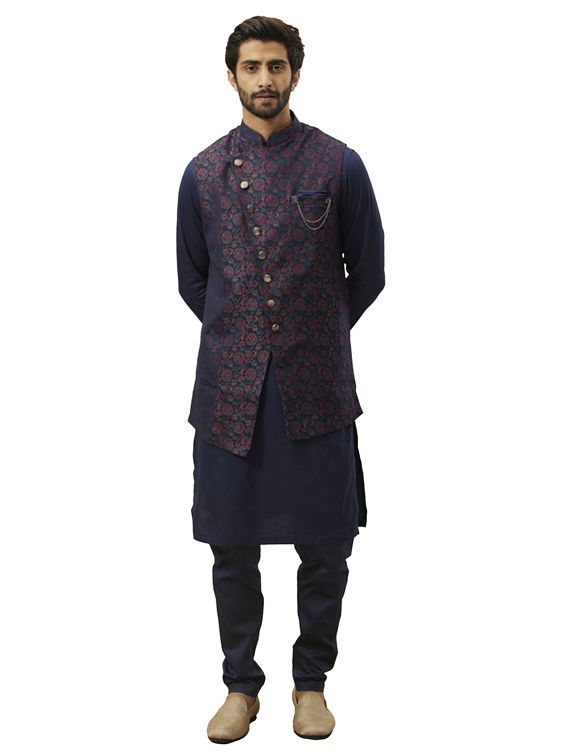 Manyavar Kurta Jacket Set With Payjama For Men, Full Sleeves Mandarin Collar Ethnic Wear Jacket Set For Festival, Wedding, Party