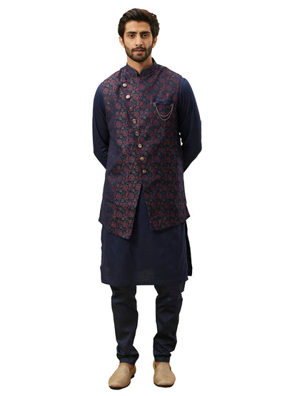 Manyavar Kurta Jacket Set With Payjama For Men, Full Sleeves Mandarin Collar Ethnic Wear Jacket Set For Festival, Wedding, Party