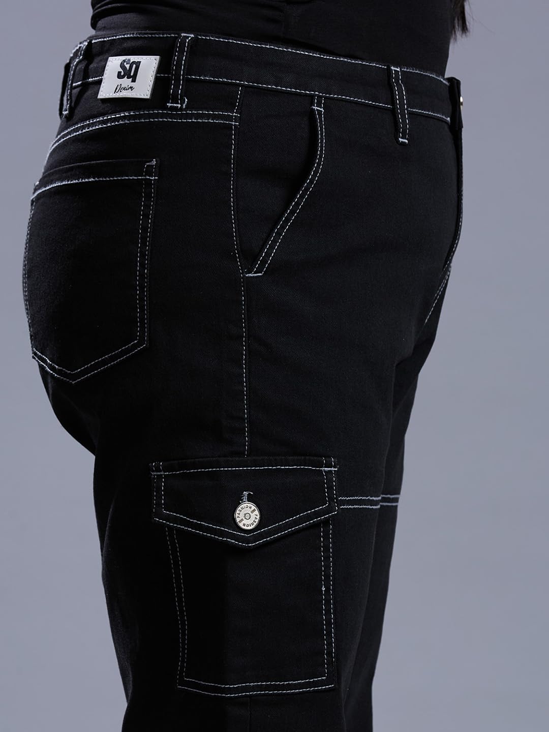 Style Quotient Women Plus Size Black Relaxed Fit High Rise Stretchable Cargos