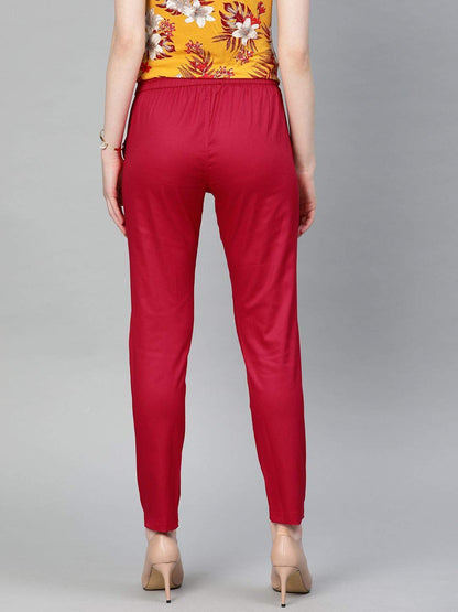 Digital Shopee Women Regular Fit Elastic Waist Full Length Cotton Formal Trouser For Casual Wear, Office Wear Dark Coral