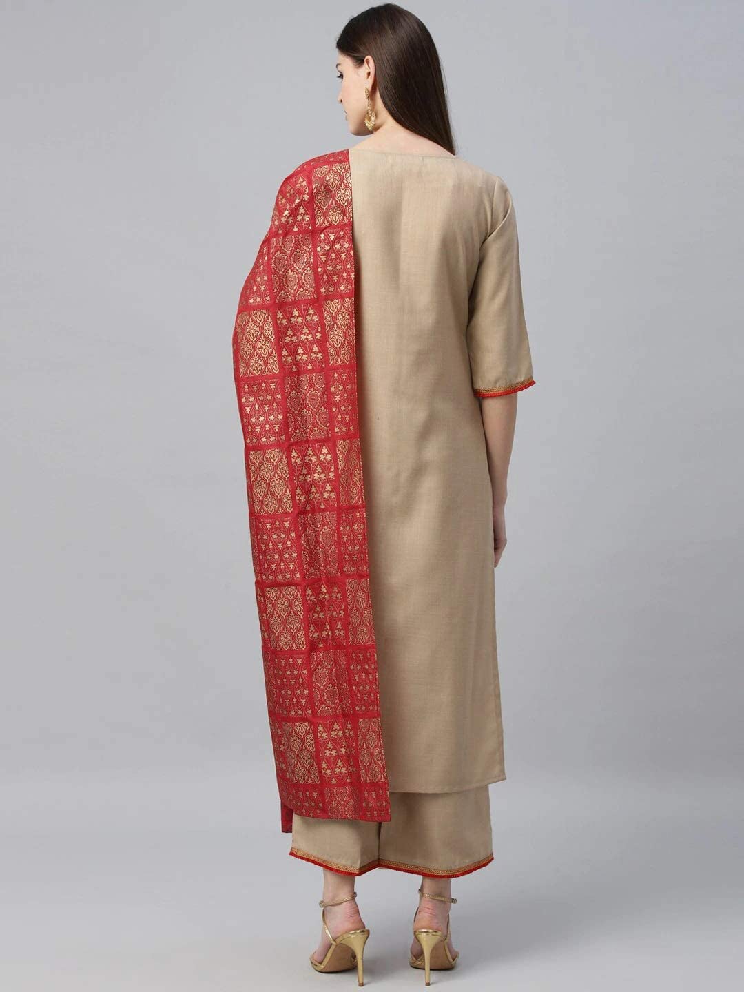 GoSriKi Women's Cotton Blend Straight Solid Kurta and Palazzos & Dupatta (Sonari Nw-GO)