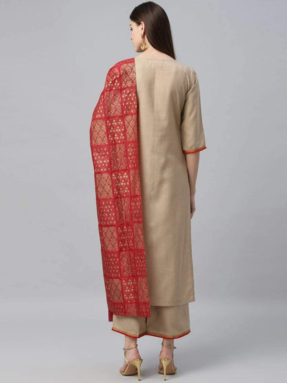 GoSriKi Women's Cotton Blend Straight Solid Kurta and Palazzos & Dupatta (Sonari Nw-GO)