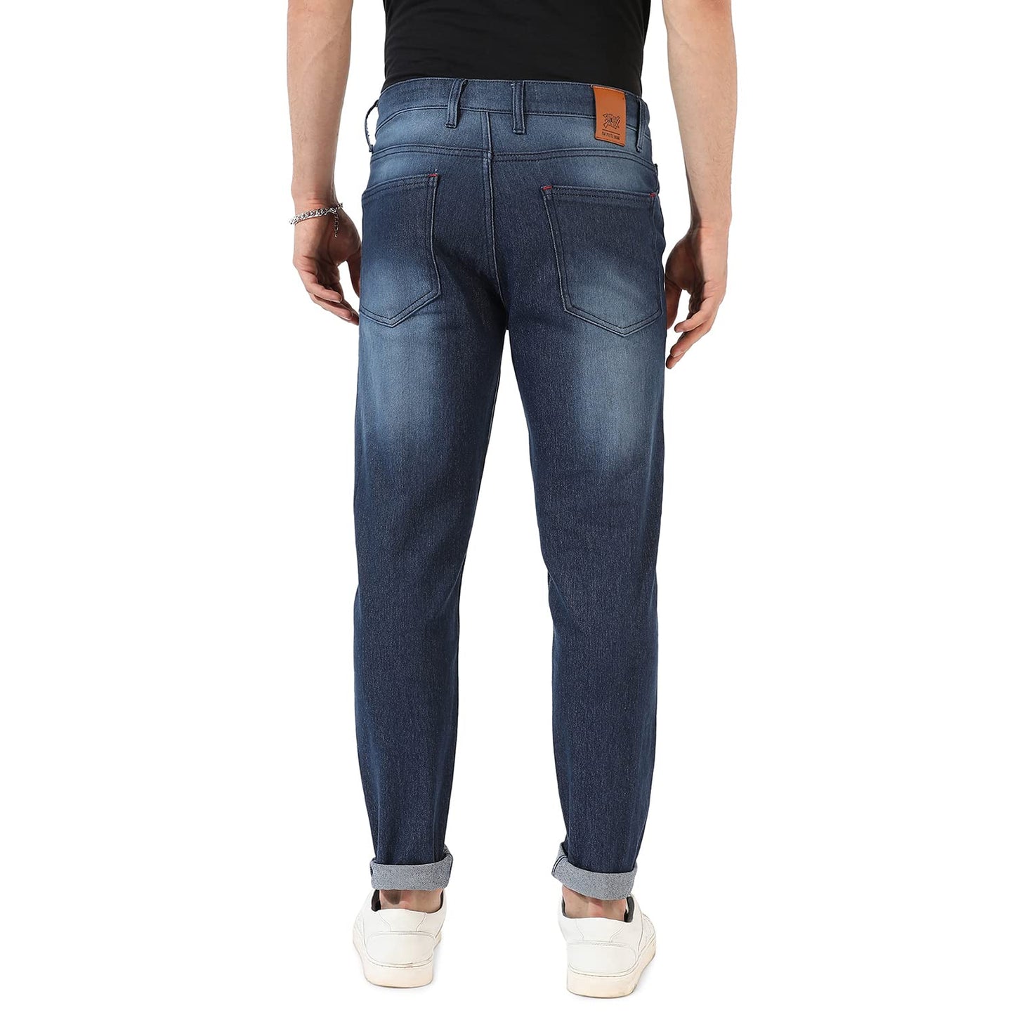 Campus Sutra Mens Classic Dark-Washed Navy Blue Distressed Patterned Denim Jeans | Regular Fit | Premium Stretchable Cotton Mid