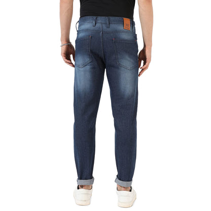 Campus Sutra Mens Classic Dark-Washed Navy Blue Distressed Patterned Denim Jeans | Regular Fit | Premium Stretchable Cotton Mid
