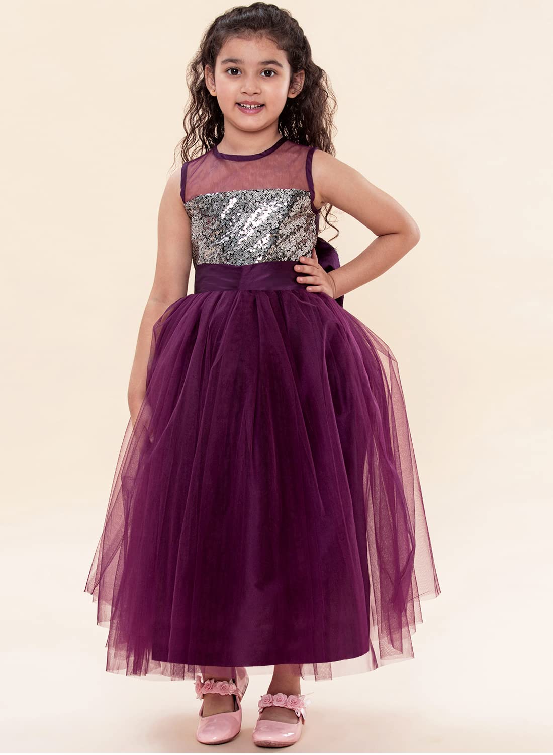 A.T.U.N. Girls Sequins Tulle Party Gown Wine-Silver