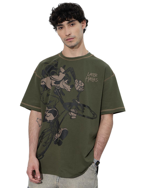 The Souled Store Disney: Later Haters Men and Boys Short Sleeves Round Neck Green Graphic Printed Cotton Oversized T-Shirts