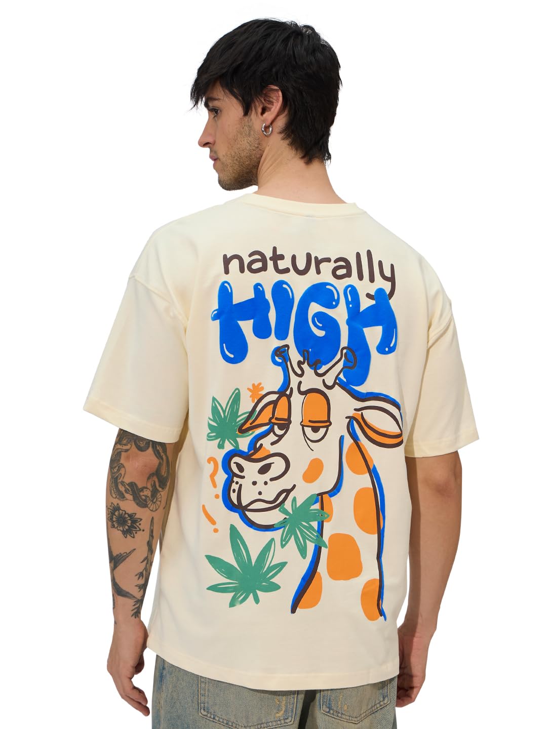 The Souled Store Naturally High Men and Boys Short Sleeves Round Neck Graphic Printed Cotton Oversized T-Shirts Yellow