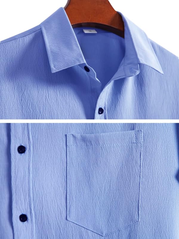 Pinkmint Mens Popcorn Shirt Comfortable Short Sleeve Shirts Casual Textured Shirt (Pack of 1) Aqua Blue