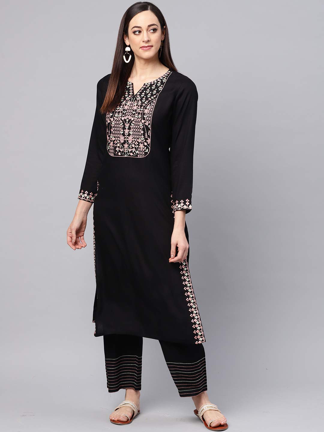 idaLia Designer Long Kurta with Palazzo - Elegant Embroidered Kurta Set, Straight Kurta with Palazzo Pant, Full Sleeve, Round V Neck, Calf Length, Rayon Fabric