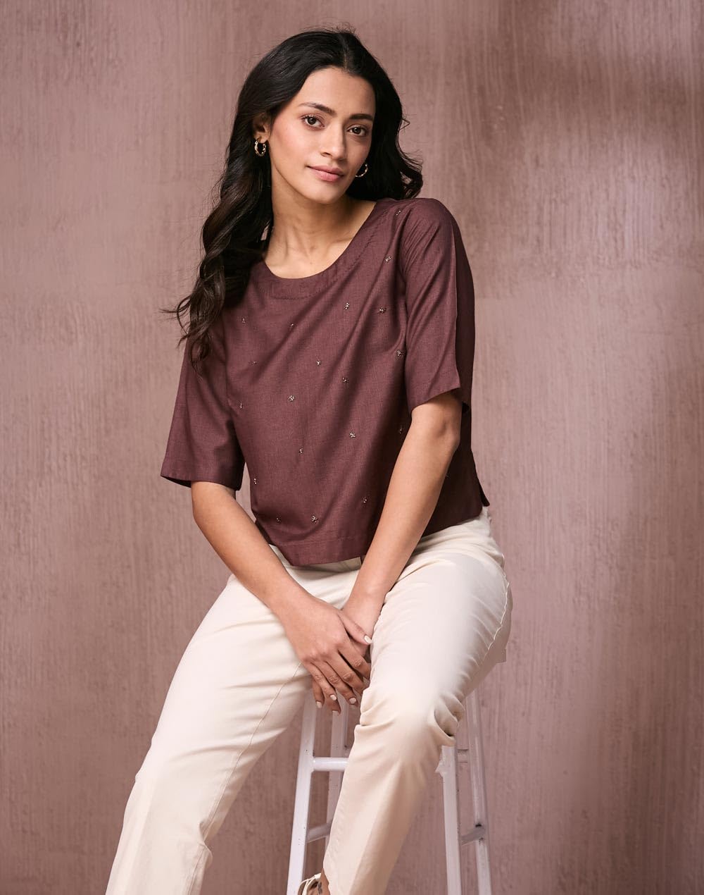 Fabindia Brown Viscose Silk Embroidered Short Top