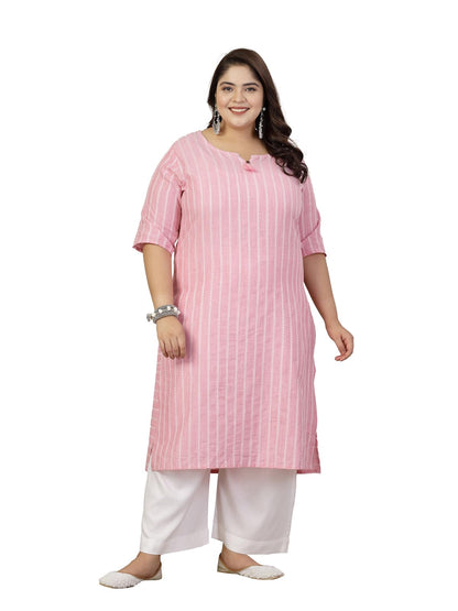 Stylum Plus Size Women Self Woven Striped Cotton Blend Straight Kurta (YASHIPINKPLUS_Pink)