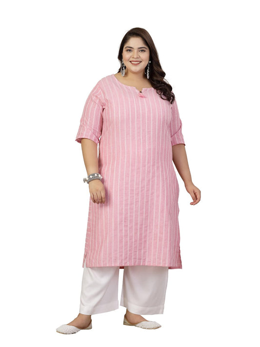 Stylum Plus Size Women Self Woven Striped Cotton Blend Straight Kurta (YASHIPINKPLUS_Pink)