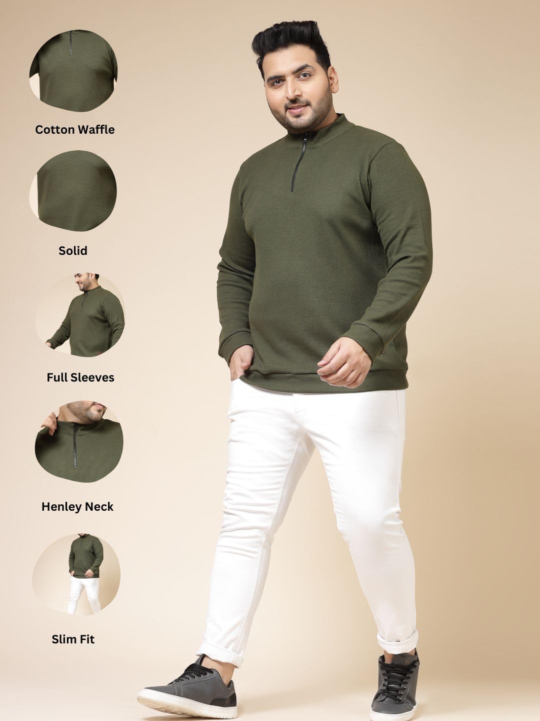 Rigo Waffle Knit Solid Plus Size T-Shirt for Men | Full Sleeves T-Shirt | Solid T-Shirts for Man | Stylish, Casual Wear Plus Siz